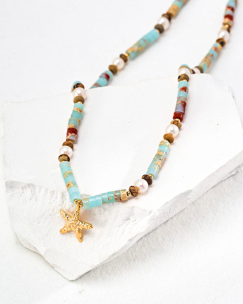 Beaded Gemstone Starfish Pendant Choker