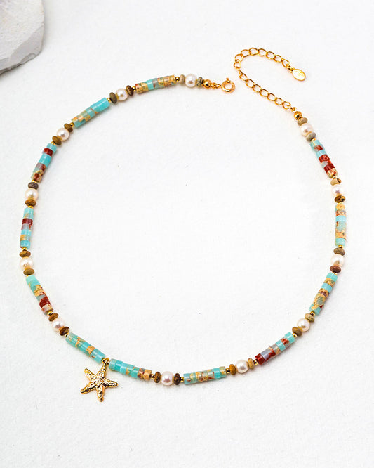 Beaded Gemstone Starfish Pendant Necklace