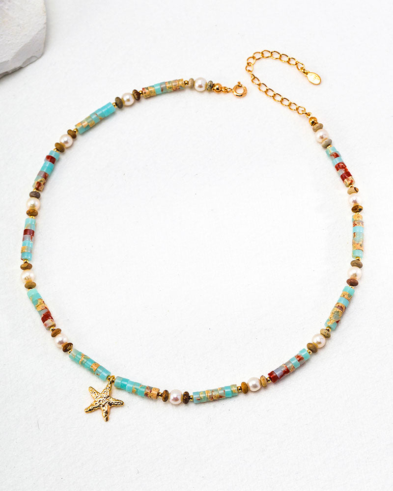 Beaded Gemstone Starfish Pendant Choker