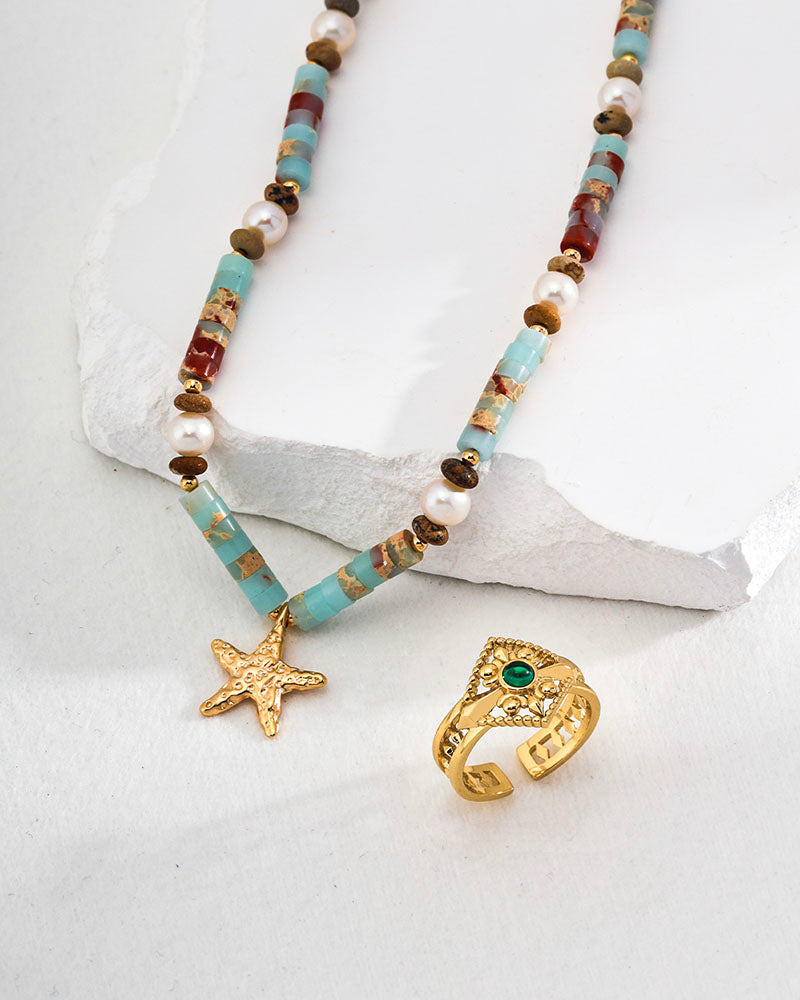 Beaded Gemstone Starfish Pendant Choker