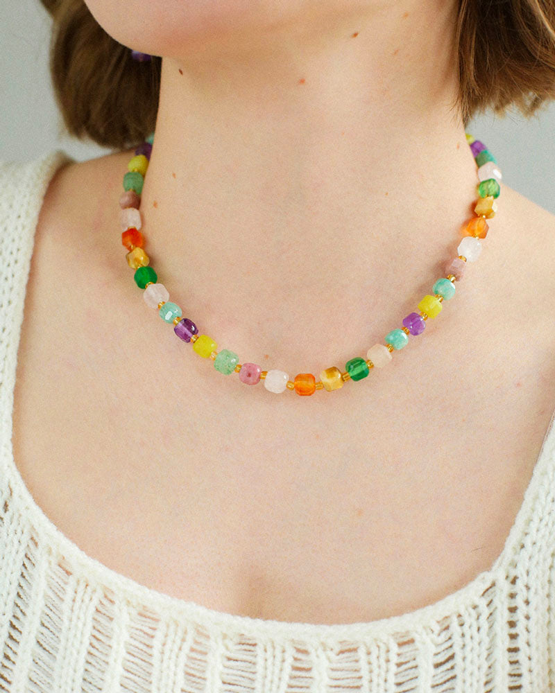 Colorful Candy Cube Gemstone Beaded Necklace