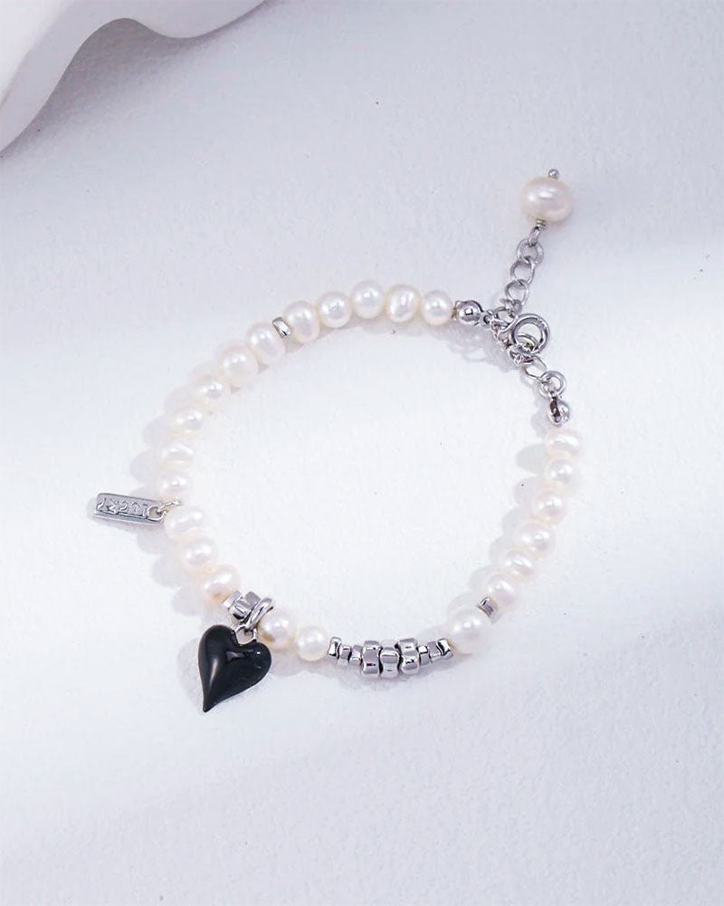 Enamel Heart Pearl Beaded Charm Bracelet