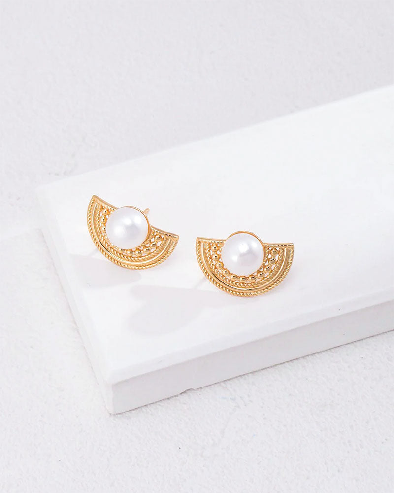 Fan-Shaped Pearl Stud Earrings