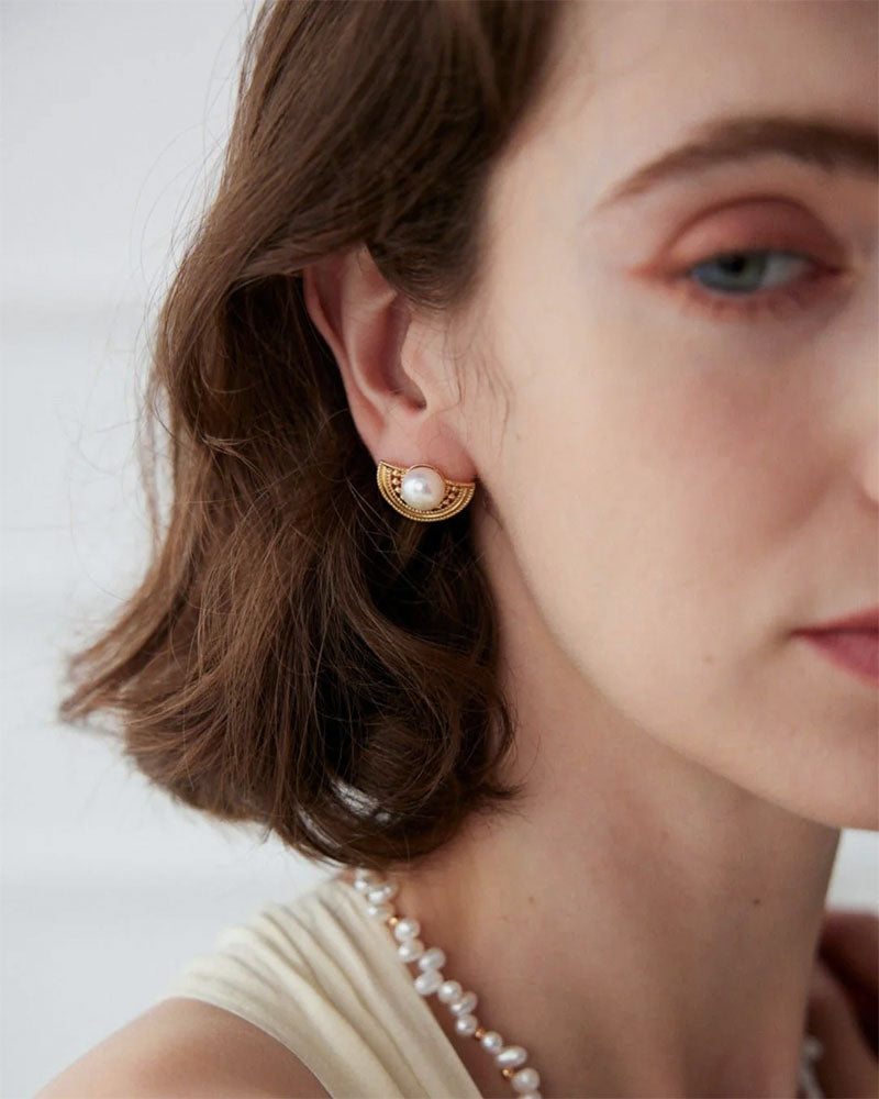 Fan-Shaped Pearl Stud Earrings