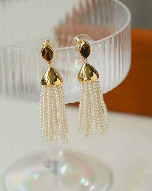 Gemstone Pearl Tassels Earrings