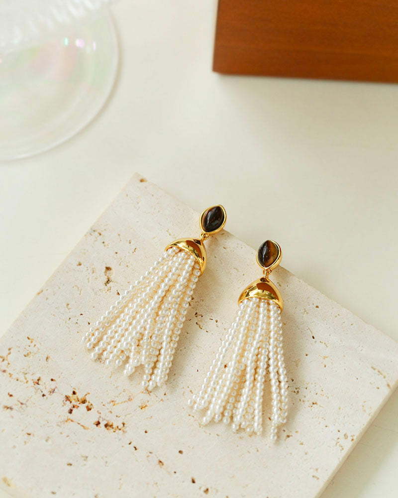 Gemstone Pearl Tassels Earrings