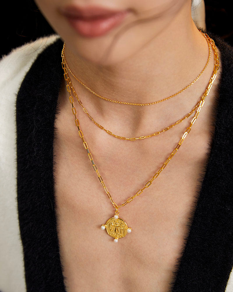 Gilded Pearl Coin Charm Necklace