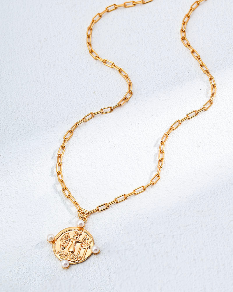 Gilded Pearl Coin Charm Necklace