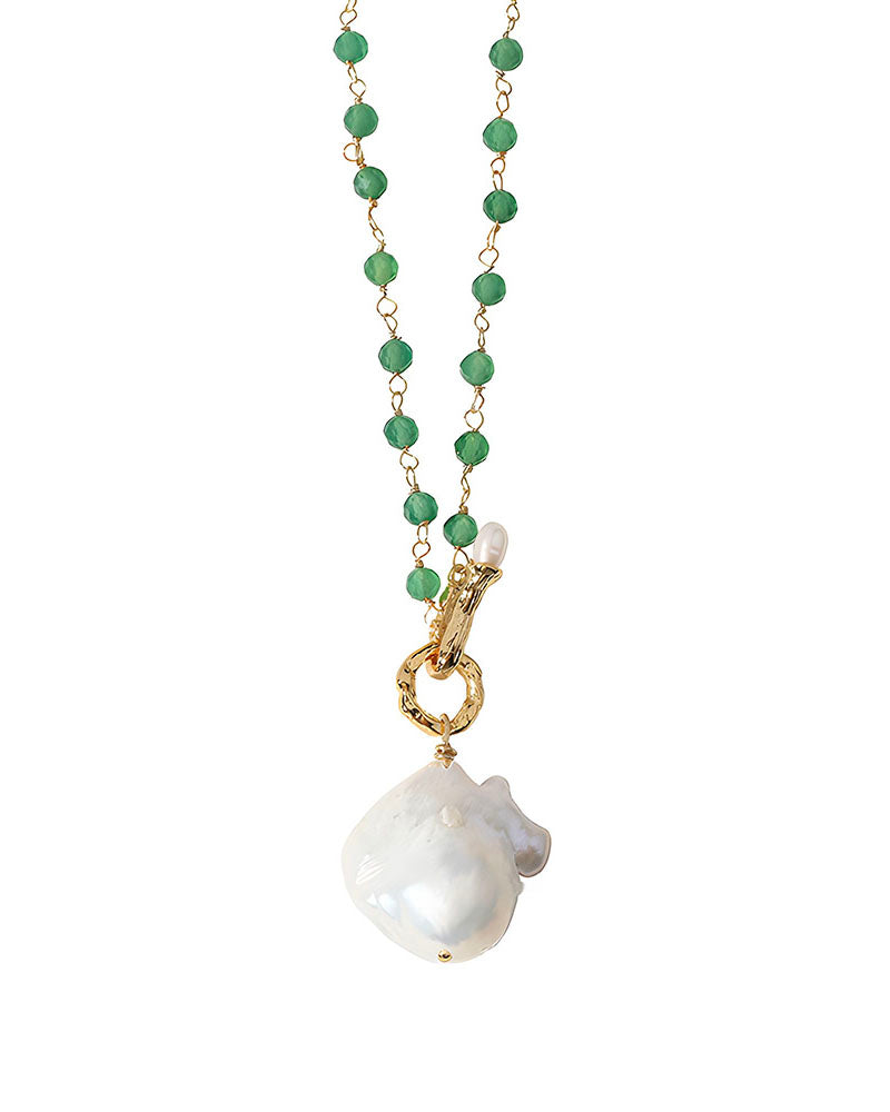 Green Agate Beads Pearl Pendant Necklace