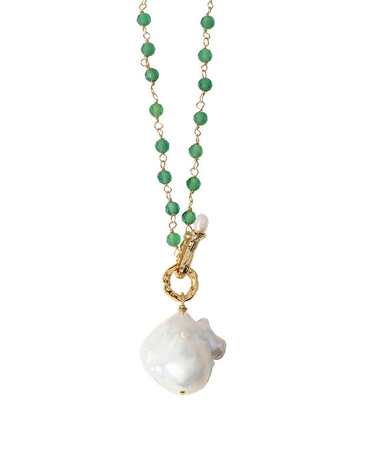 Green Agate Beads Pearl Pendant Necklace