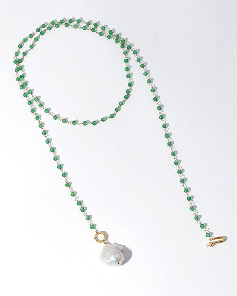 Green Agate Beads Pearl Pendant Necklace