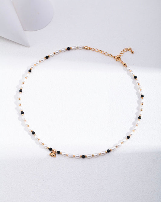 Onyx Beaded Pearl Charm Choker