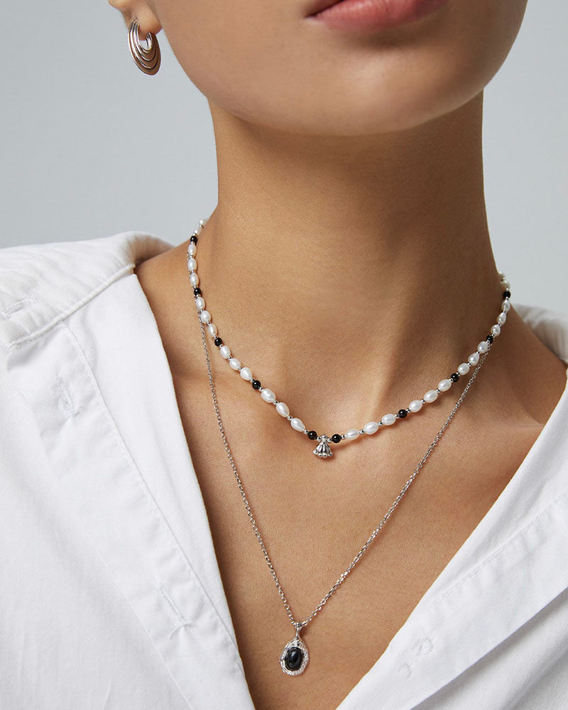 Onyx Beaded Pearl Charm Choker