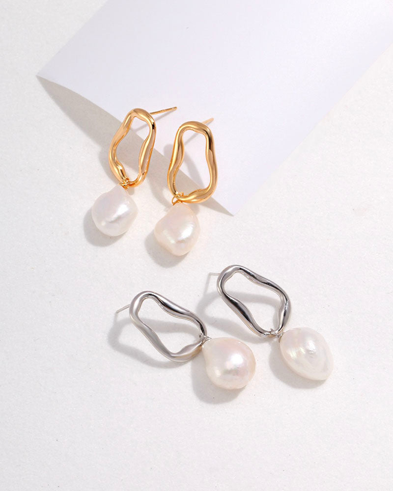 Ovate Hoop Pearl Drop Earrings