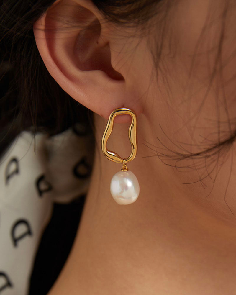 Ovate Hoop Pearl Drop Earrings