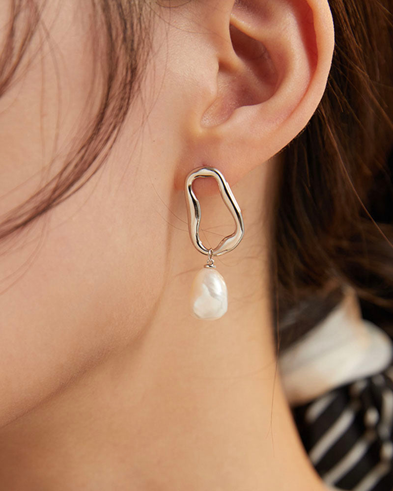 Ovate Hoop Pearl Drop Earrings