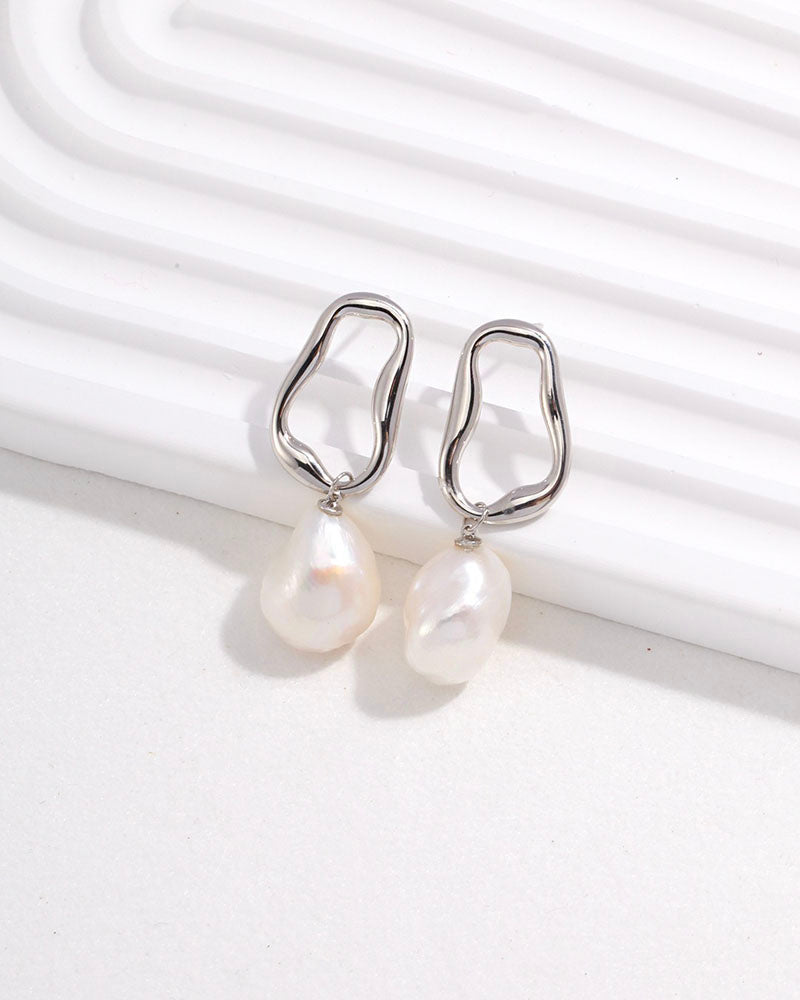 Ovate Hoop Pearl Drop Earrings