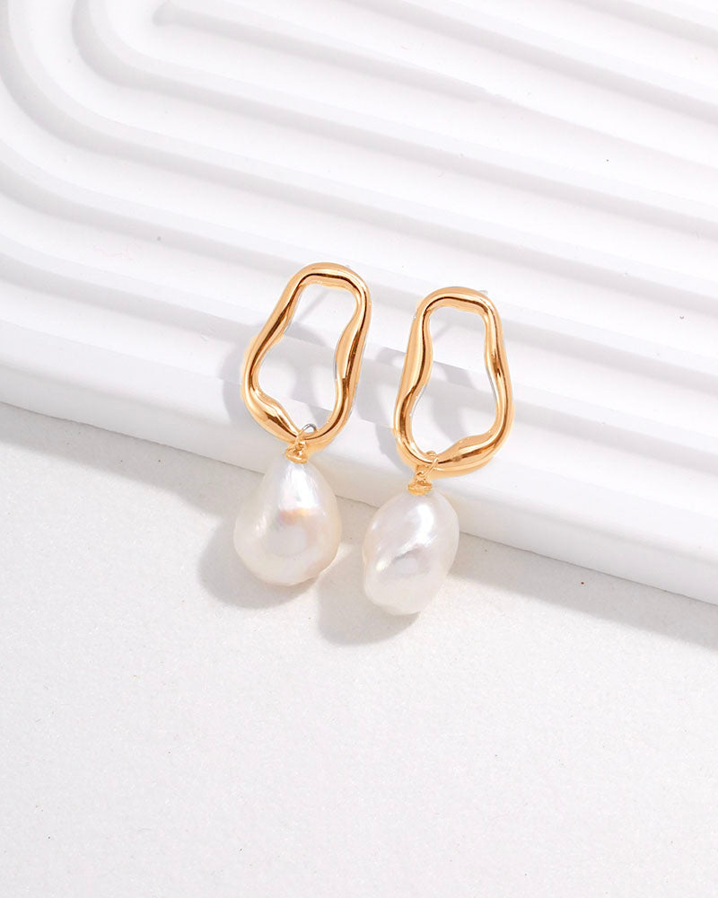 Ovate Hoop Pearl Drop Earrings