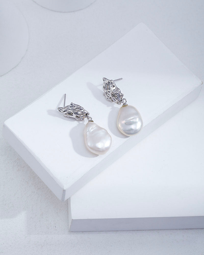 Molten Square Baroque Pearl Drop Earrings