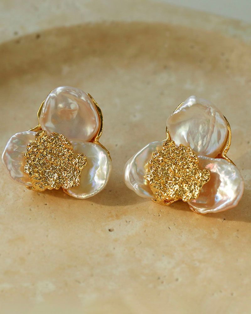 Three Petal Baroque Pearl Stud Earrings