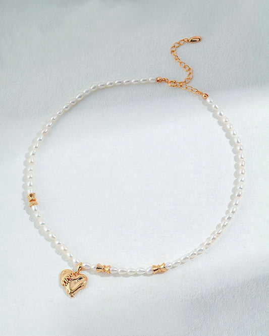 Stitch Heart  Pendant Pearl Necklace