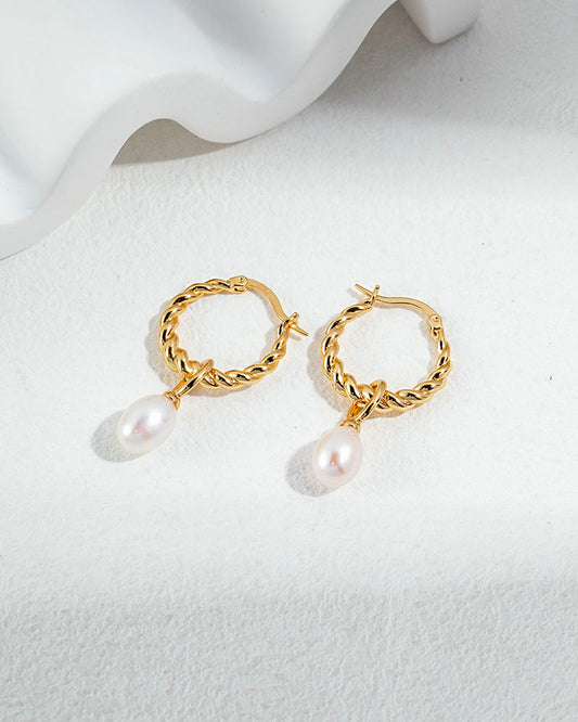 Twist Hoop Pearl Drop Earrings