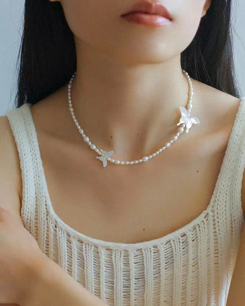 White Shell Butterfly Pearl Necklace